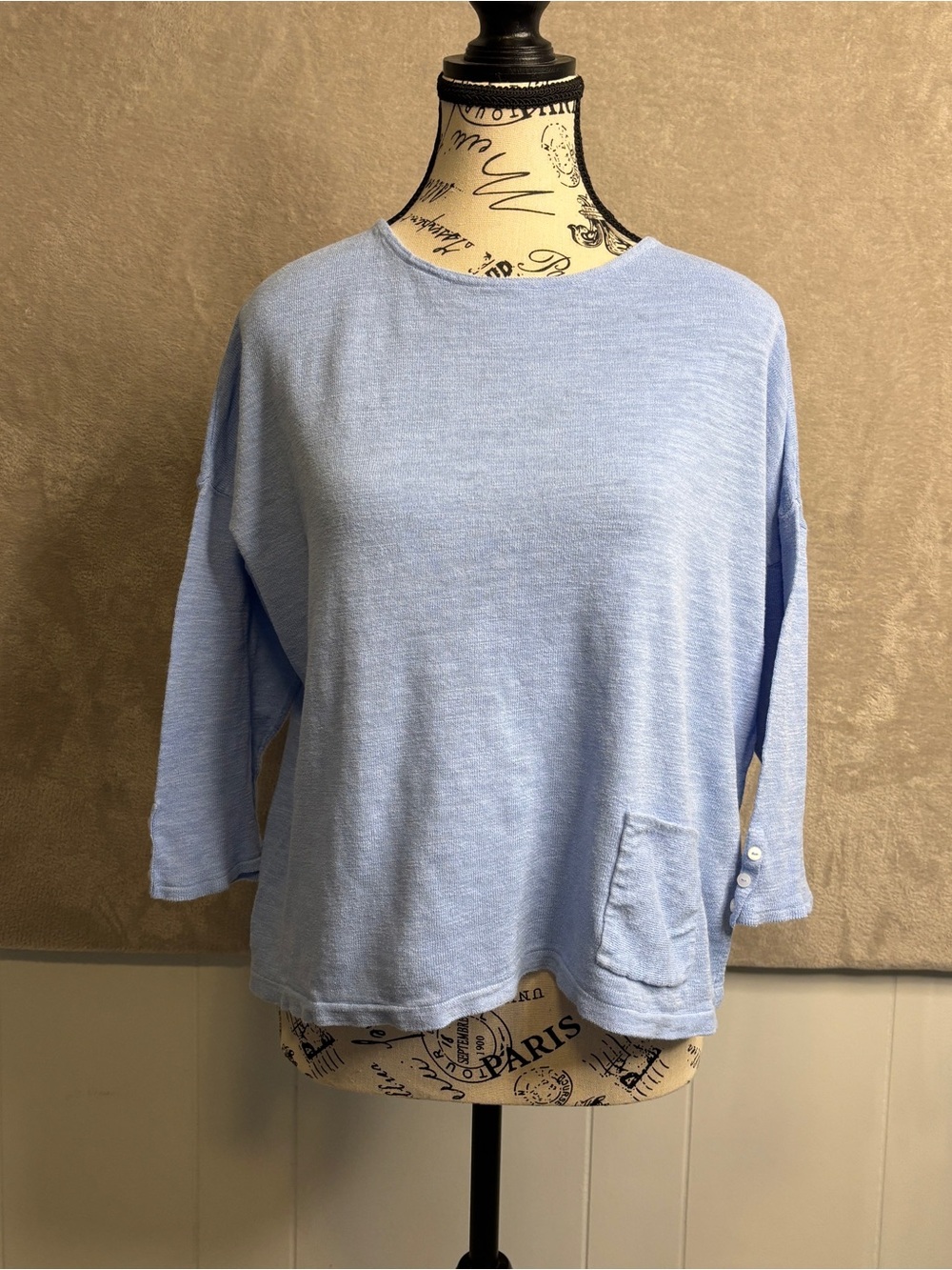 J. Jill Baby Blue Relaxed Crewneck Top ~ 3/4 Sleeve Linen/Cotton Blend